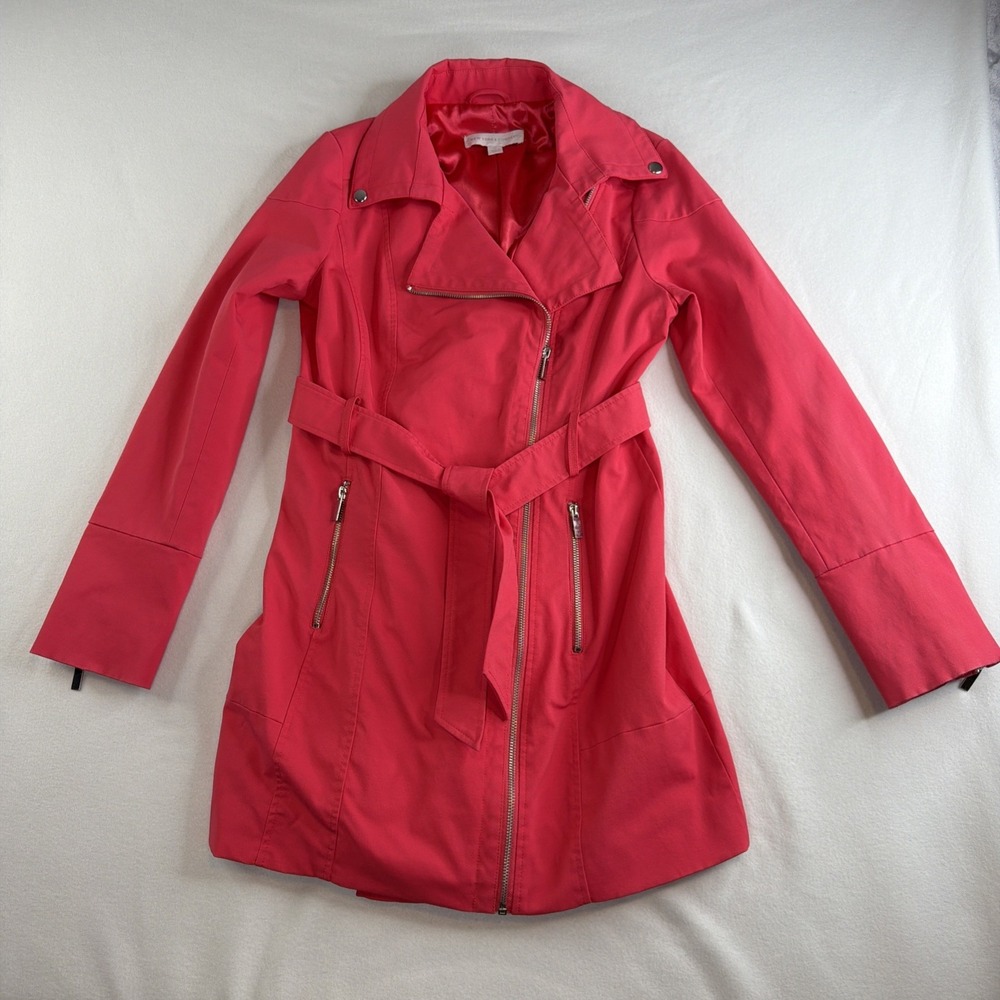 New York & Company Womens S Pink Belted Trench Coat Moto Zip Stretch Jacket